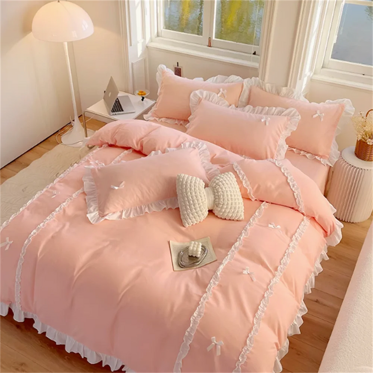Pastel Coquette Bow Embroidery Bedding Set