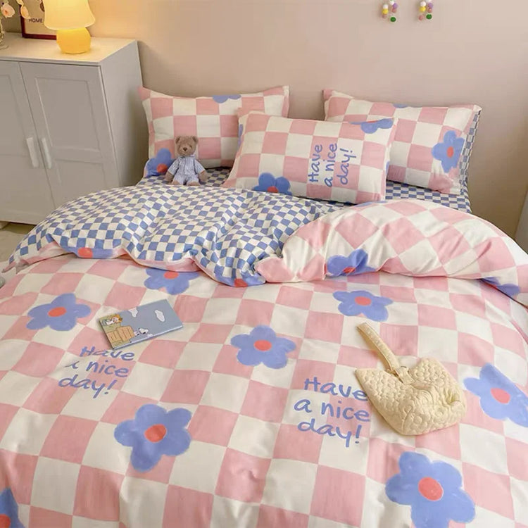 Pink Floral Checkerboard Bedding Set