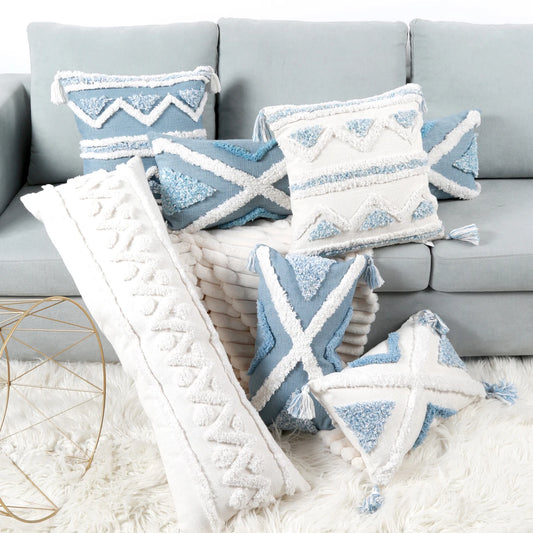 Blue Geometric Pattern Tufted Pillow