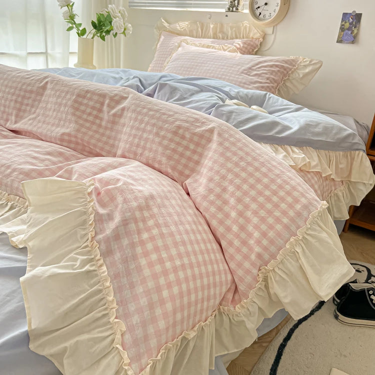 Pastel Gingham Ruffle Coquette Bedding Set