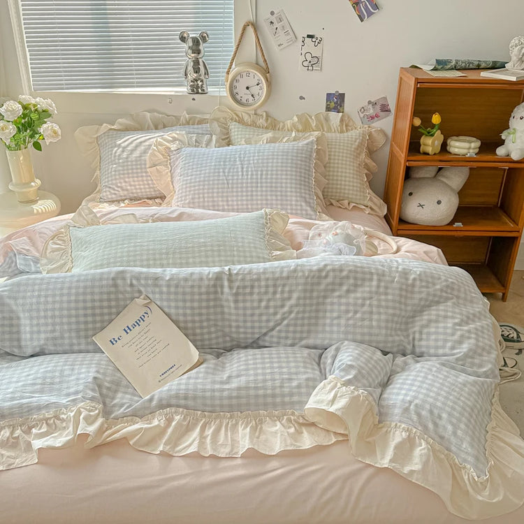 Pastel Gingham Ruffle Coquette Bedding Set