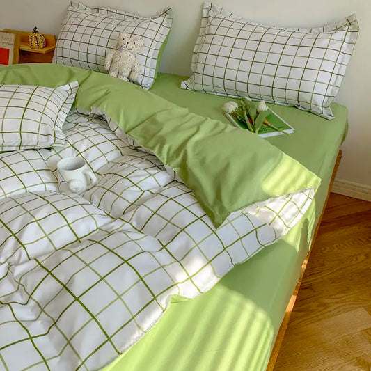 Pastel Green Grid Bedding Set