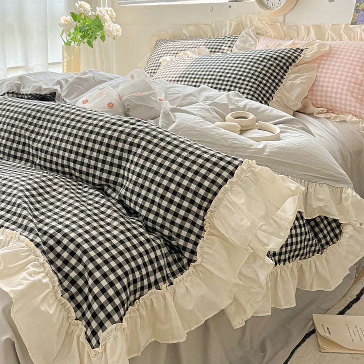 Pastel Gingham Ruffle Coquette Bedding Set